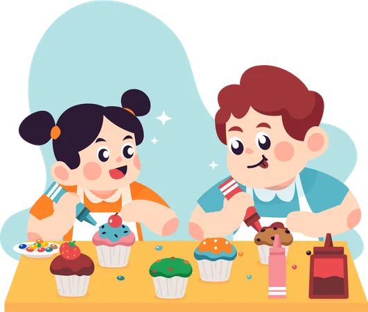 Siblings making cake  Illustration