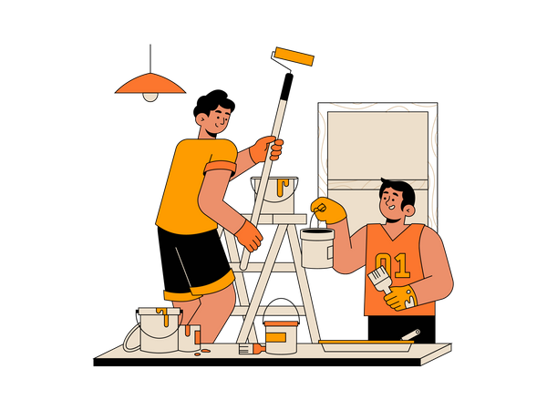 Siblings painting home wall together  Illustration