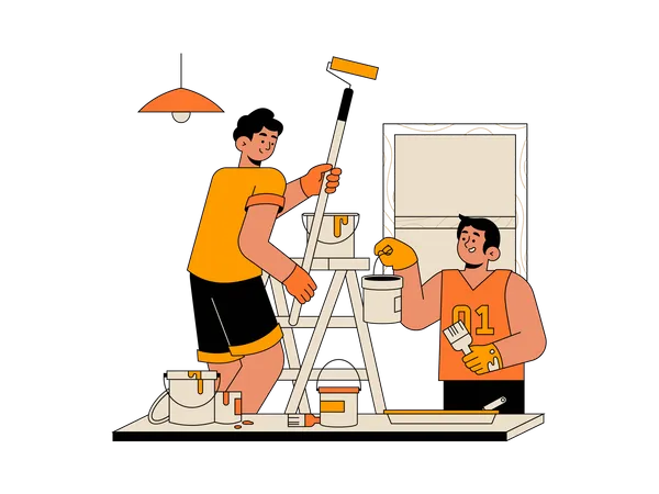 Siblings painting home wall together  Illustration