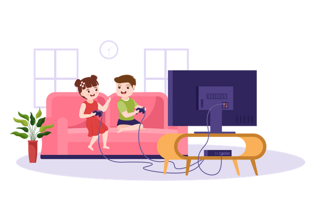 Siblings play video game at home Illustration