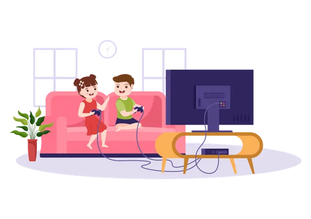 Siblings play video game at home Illustration