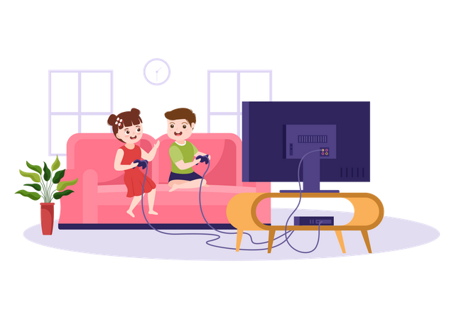 Siblings play video game at home  Illustration