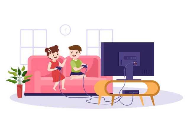 Siblings play video game at home  Illustration