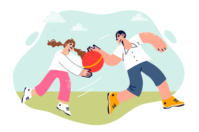 Siblings playing ball game in summer vacation  Illustration