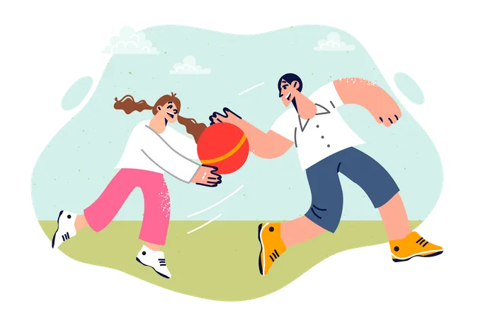 Siblings playing ball game in summer vacation  Illustration