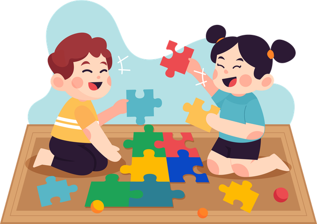 Siblings playing jigsaw together  Illustration