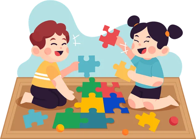 Siblings playing jigsaw together  Illustration