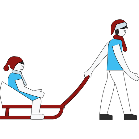 Siblings playing with Santa sledge Illustration
