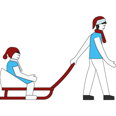 Siblings playing with Santa sledge  Illustration