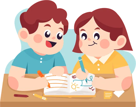 Siblings studying together  Illustration