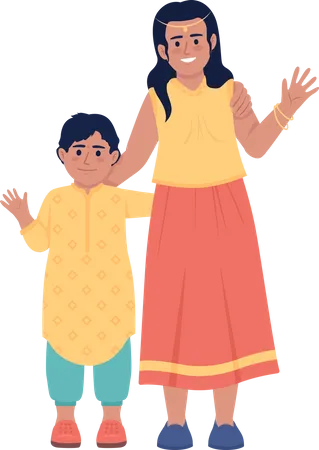 Siblings Wearing Clothes For Indian Festival Semi Flat Color Vector Characters Editable Figures Full Body People On White Simple Cartoon Style Illustration For Web Graphic Design And Animation Illustration