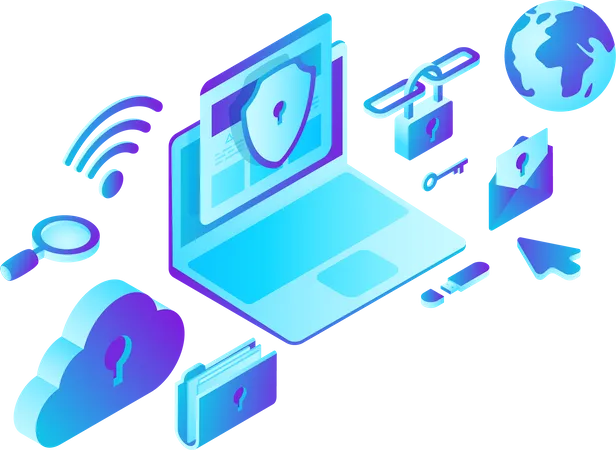 Abbildung Sicherheit Datenschutz Antivirus Anti Spam Laptop Computer Mit Cloud Ordner Mail Wifi Link Suchsymbole Im Isometrischen Stil Vektor Illustration