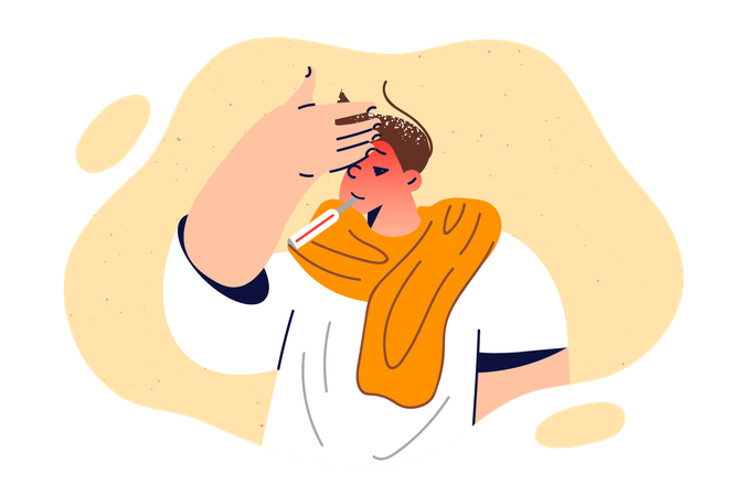 Sick boy suffers from fever and holds thermometer in mouth  Illustration