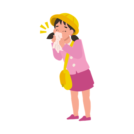 Sick child in kindergarten uniform blowing nose with tissue during cold  Illustration