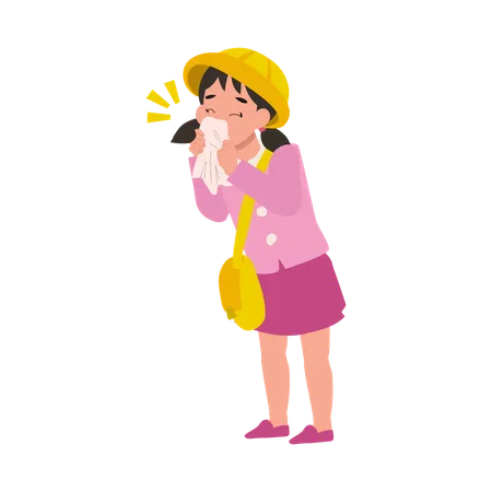 Sick child in kindergarten uniform blowing nose with tissue during cold  Illustration