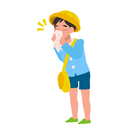 Sick child with cold in kindergarten uniform blowing nose with tissue during illness  Illustration