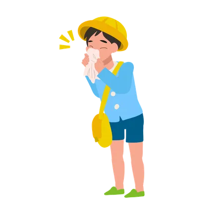 Sick child with cold in kindergarten uniform blowing nose with tissue during illness  Illustration