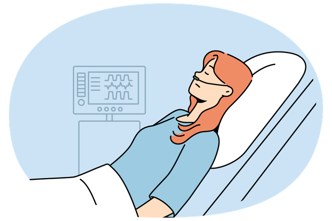 Sick female patient with oxygen in hospital  Illustration