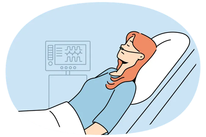 Sick female patient with oxygen in hospital  Illustration