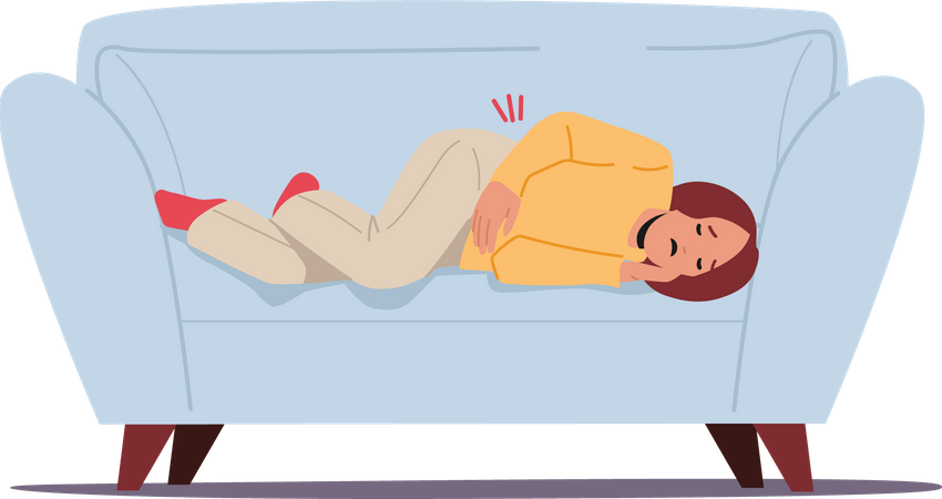 Sick Girl Lying on Sofa with Abdominal Ache  Illustration