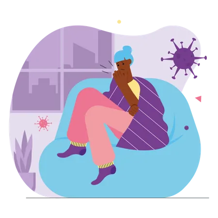 Sick girl with high fever coughs and stays at home Illustration