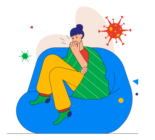 Sick girl with high fever coughs and stays at home  Illustration