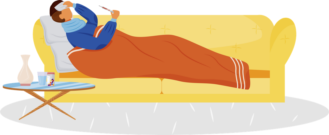 Sick guy lying on couch Illustration