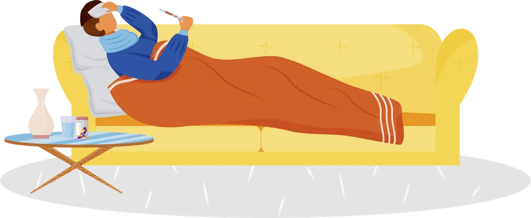 Sick guy lying on couch  Illustration