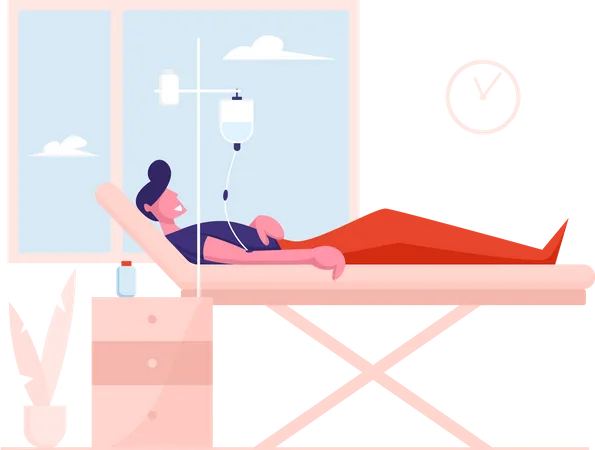 Sick Injured Patient Lying in Medical Bed with Dropper Illustration
