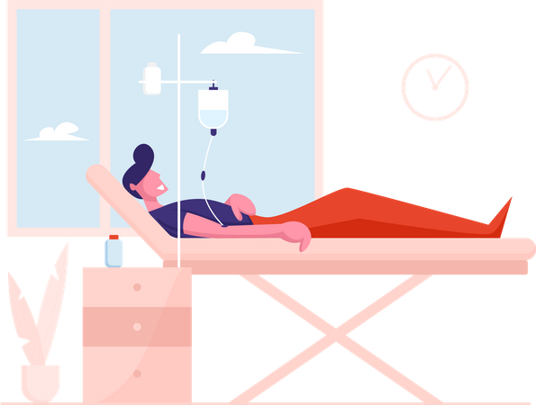 Sick Injured Patient Lying in Medical Bed with Dropper  Illustration