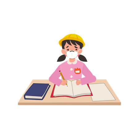 Sick Kindergarten Student in Japanese Uniform Wearing a Mask, Sitting in a Classroom  Illustration