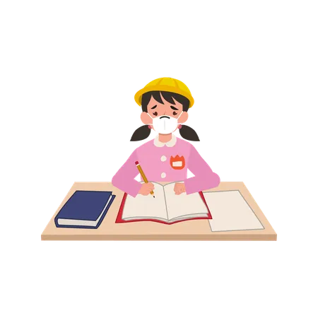 Sick Kindergarten Student in Japanese Uniform Wearing a Mask, Sitting in a Classroom  Illustration