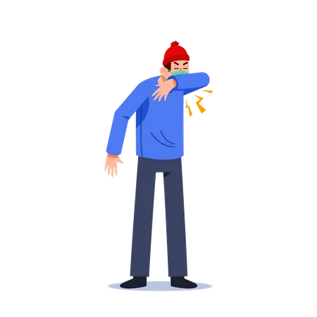 Vector Flat Character Of Man Having Flu Symptoms Headache Cough And Fever Illustration