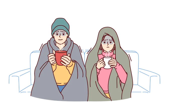 Sick Man And Woman Are Sitting On Sofa Wrapped In Blankets And Drinking Hot Tea In Need Of Antiviral Medications Sick Couple Is Freezing Due To Lack Of Heating In House And High Gas Bills Illustration