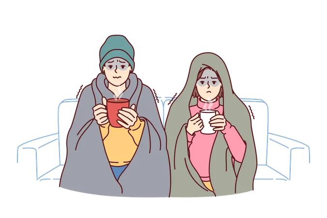 Sick man and woman are sitting on sofa  Illustration