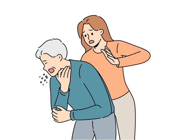 Sick Man choked on food and coughed standing near girl ready to do heimlich maneuver  Illustration