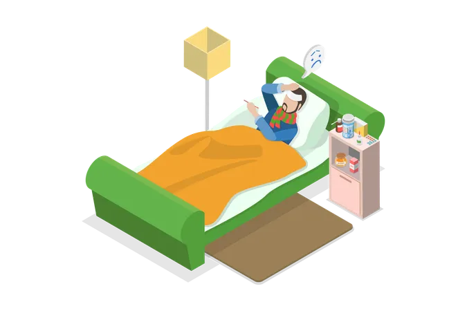 3 D Isometric Flat Vector Conceptual Illustration Of Feeling Unwell Sick Person In Bed Illustration