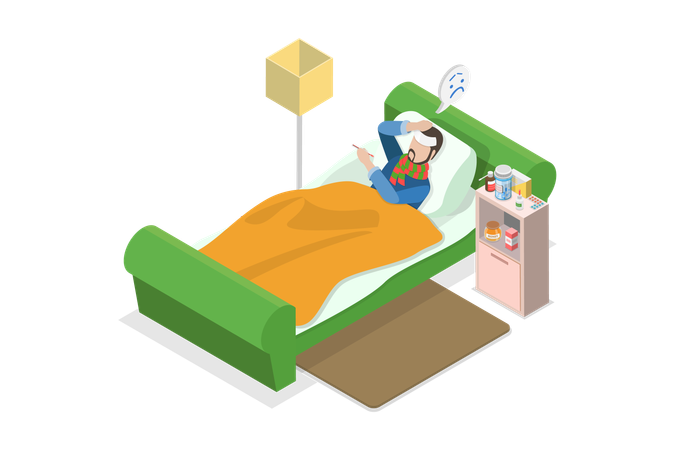 Sick Man in Bed  Illustration