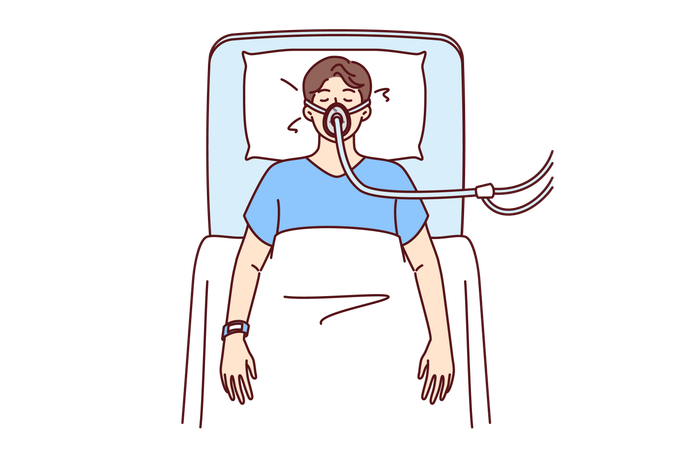 Sick man is lying unconscious in hospital  Illustration