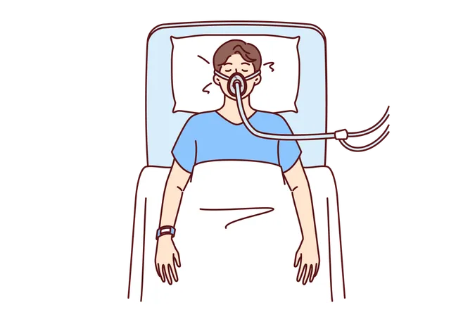 Sick man is lying unconscious in hospital  Illustration