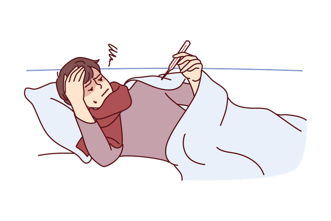 Sick man measuring fever temperature using thermometer  Illustration