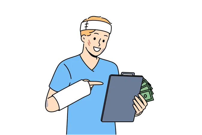 Sick Man Rejoices At Receiving Health Insurance To Cover Hospital Bills After Car Accident Guy With Bandaged Head And Hands Holds Money Received For Health Insurance And Clipboard Illustration