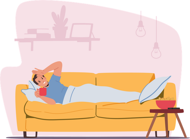 Sick man sleeping at home and having a hot beverage  Illustration