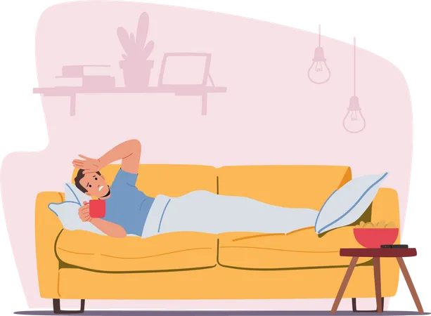 Sick man sleeping at home and having a hot beverage  Illustration