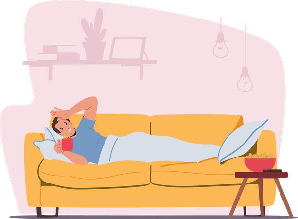 Sick man sleeping at home and having a hot beverage  イラスト