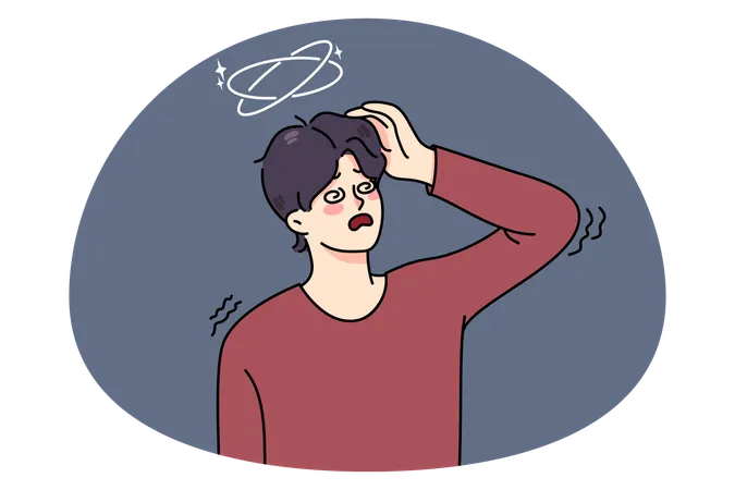 병든 남자가 현기증으로 고생하고 몸이 좋지 않다  일러스트레이션