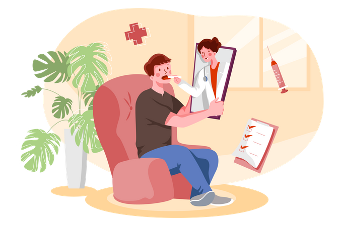 Sick Man taking online health consultation Illustration
