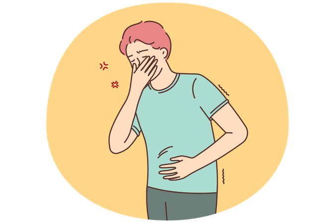 Sick man touching belly suffering from food poisoning  Illustration