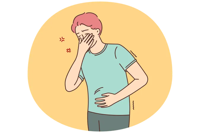 Sick man touching belly suffering from food poisoning  Illustration