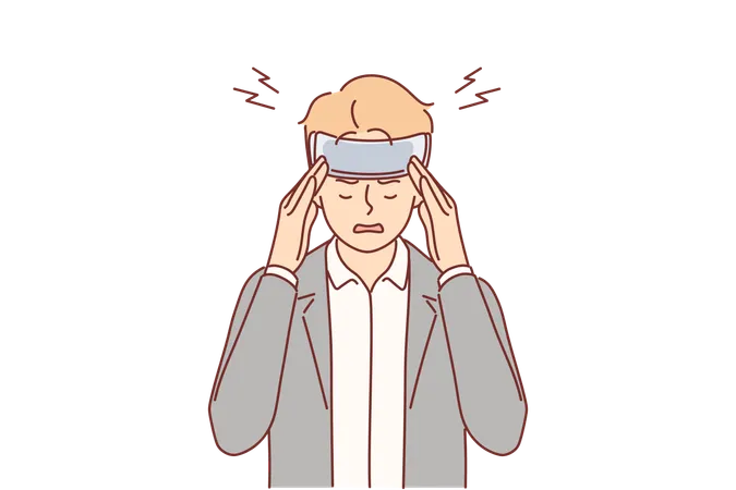 Sick Man With Bandaged Head Suffers From Headache After Getting Into Car Accident Sick Guy Needs Pain Medication For Rehabilitation Due To Traumatic Brain Injury Causing Dizziness And Migraine Illustration